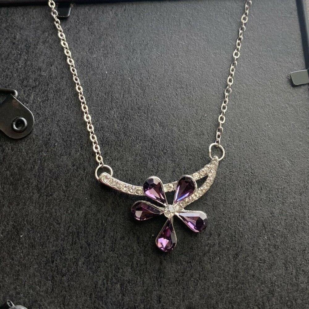 PURPLE AMETHYST Crystal Rhinestone Cubic Zirconia CZ Gemstone Flower Necklace